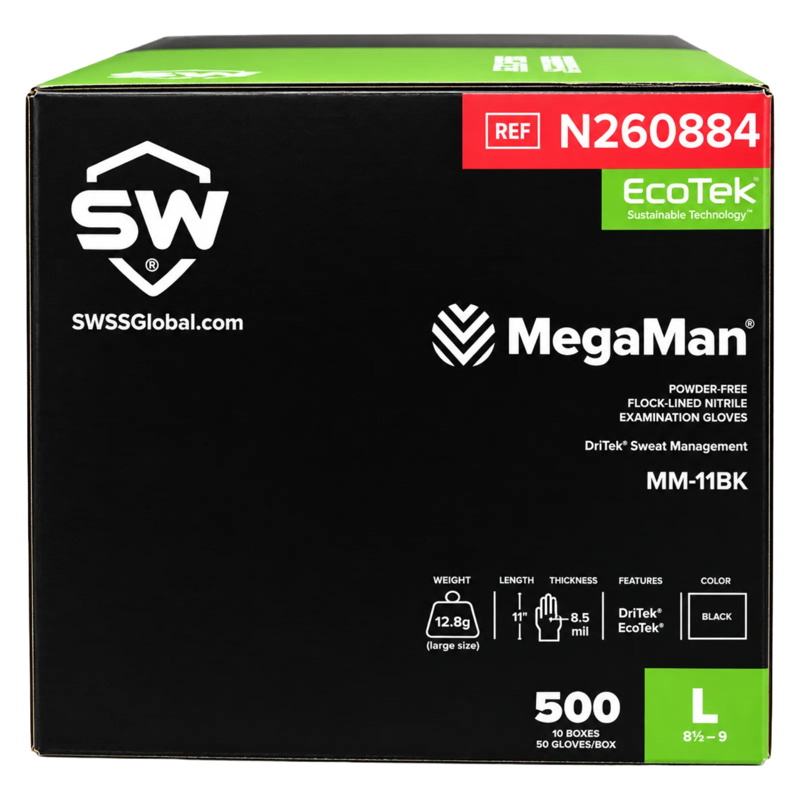 SW MegaMan N260884 Black Nitrile Exam Gloves Large 500 Count - Image 2